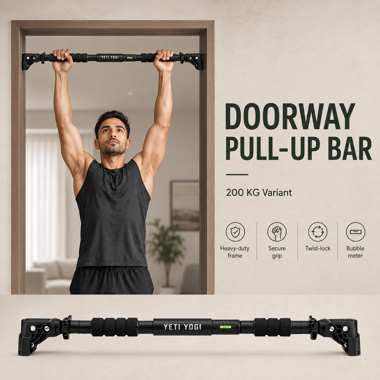 YETI YOGI Heavy-Duty Doorway Pull-Up Bar 200 KG