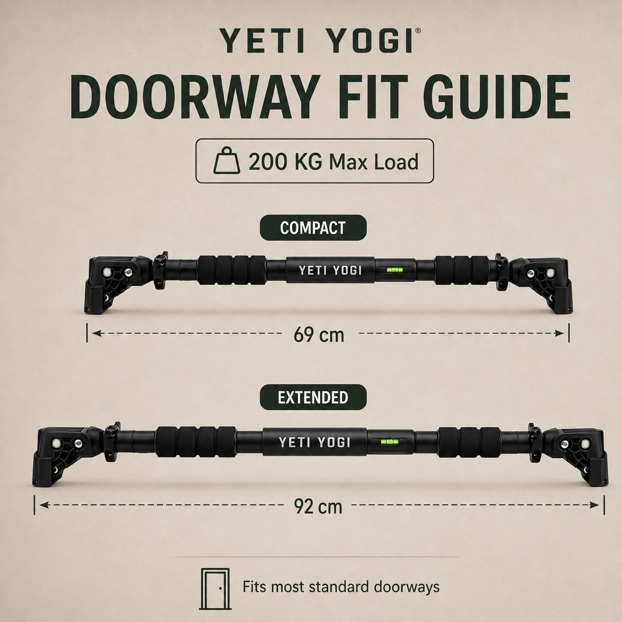 YETI YOGI 200 kg doorway pull-up bar fit guide 69 cm to 92 cm