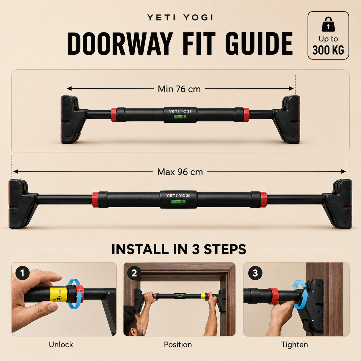 YETI YOGI 300 kg pull-up bar doorway fit guide 76 to 96 cm
