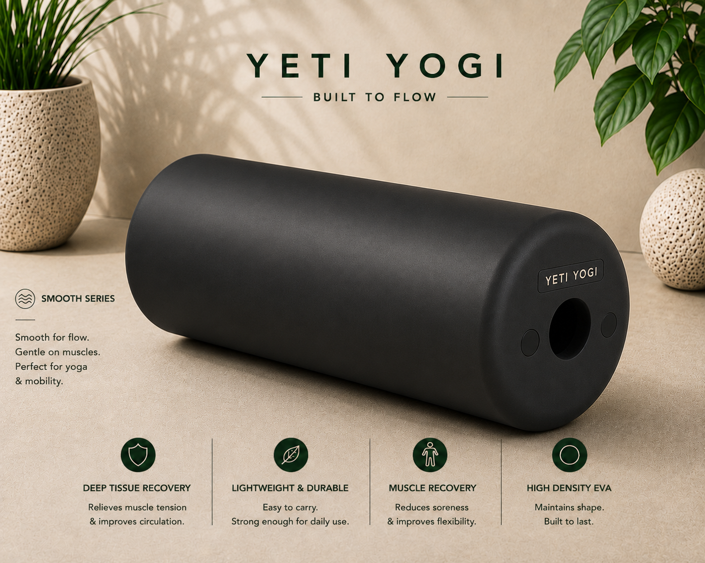 YETI YOGI Smooth Foam Roller – Black – product hero