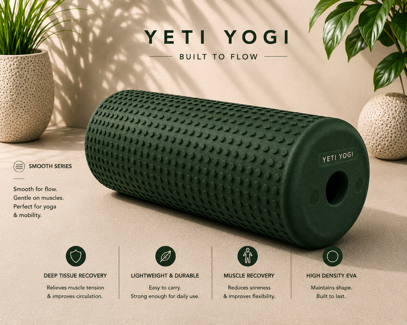 YETI YOGI smooth foam roller in Forest Green