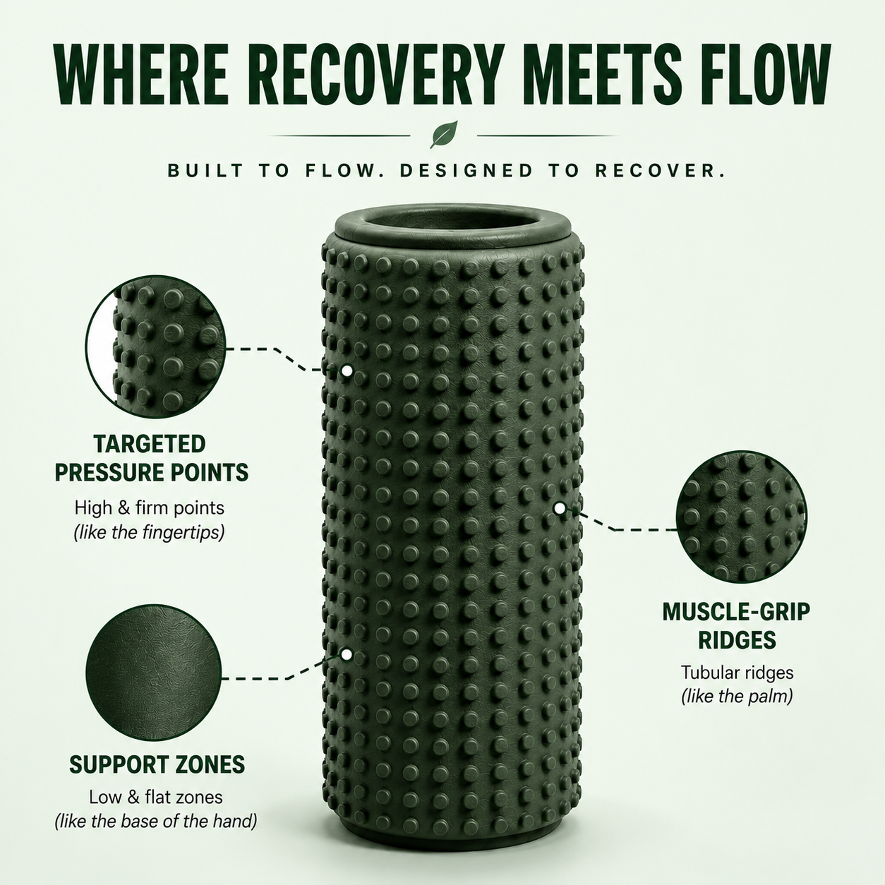 Forest Green smooth foam roller pressure zones