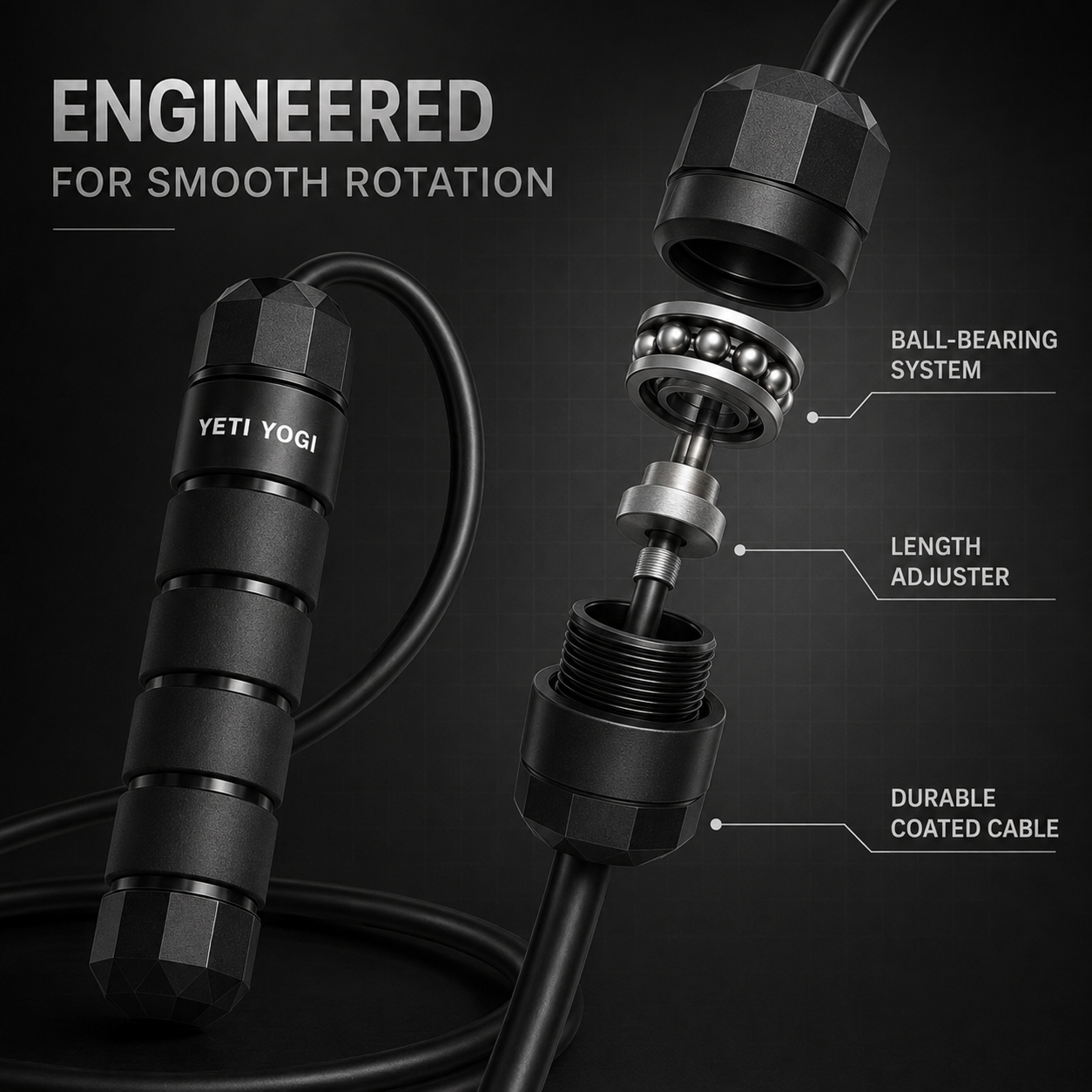 Black skipping rope ball-bearing rotation and length adjuster