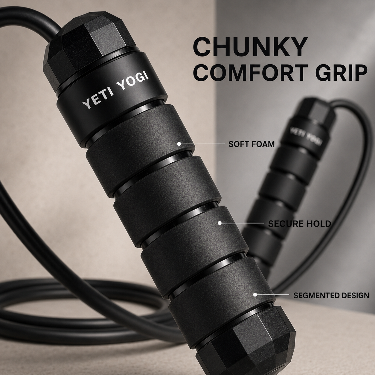Black skipping rope soft foam comfort grip