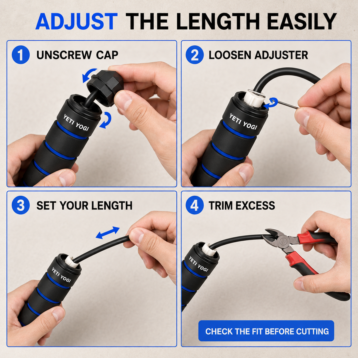 How to adjust the Blue skipping rope length