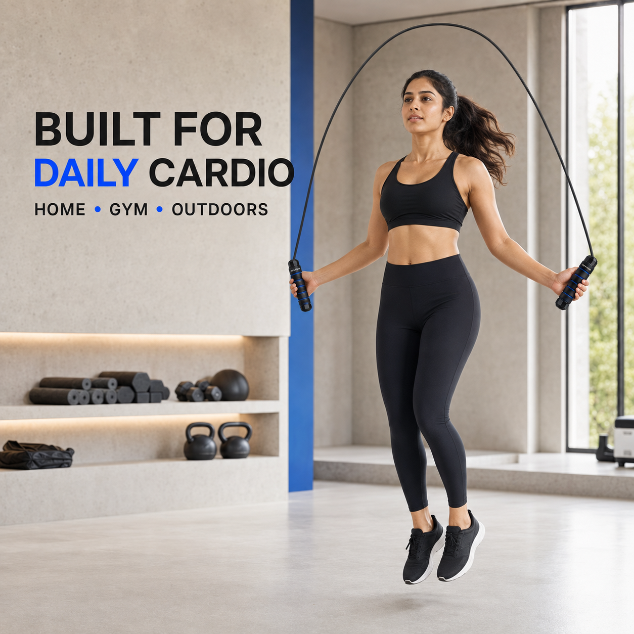 Blue skipping rope used for daily cardio