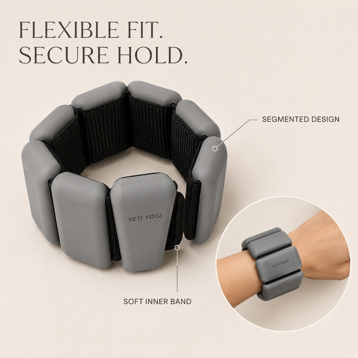 Stone Grey segmented ankle and wrist weight fit close-up