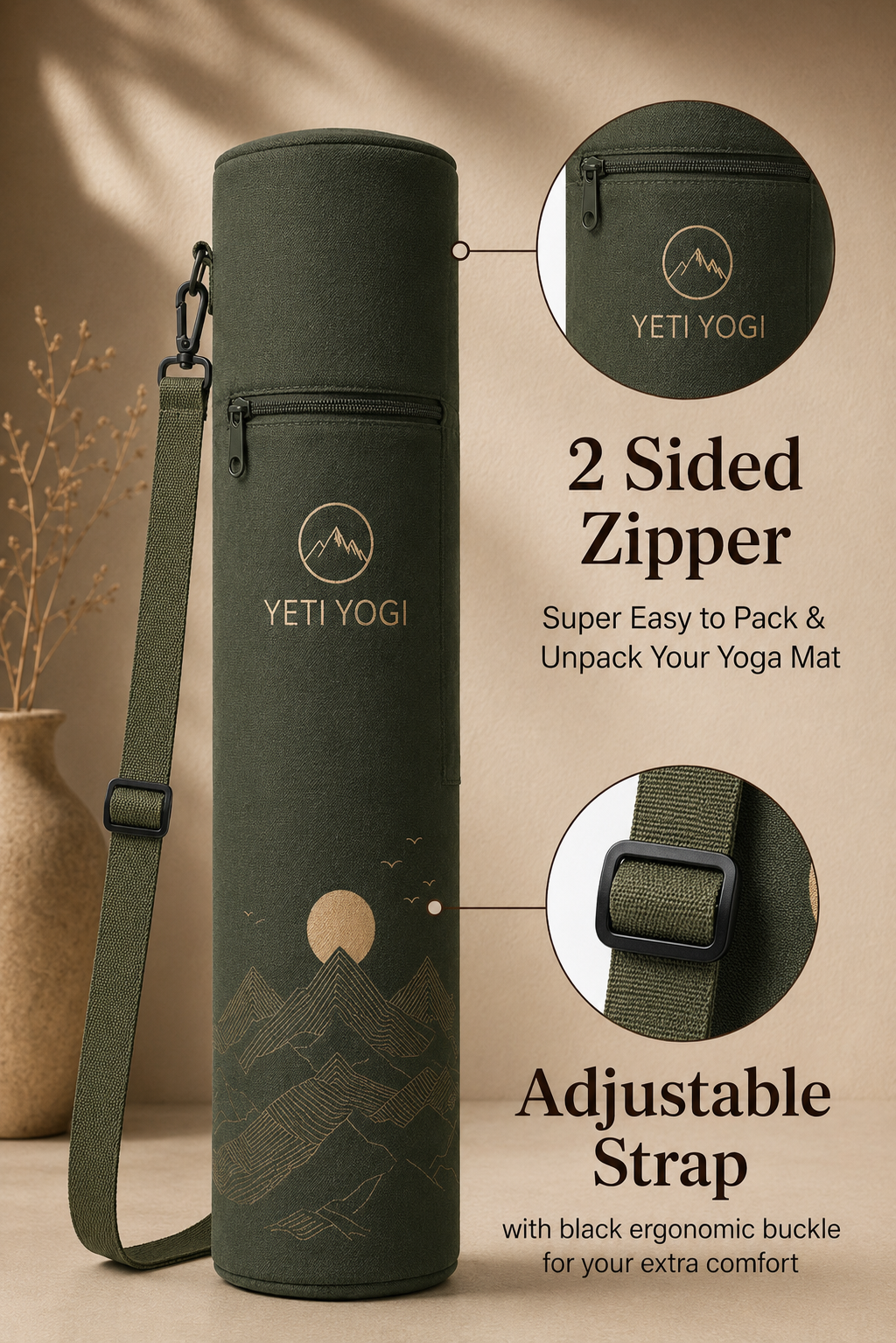Mountain Sunrise yoga mat bag zipper and adjustable strap