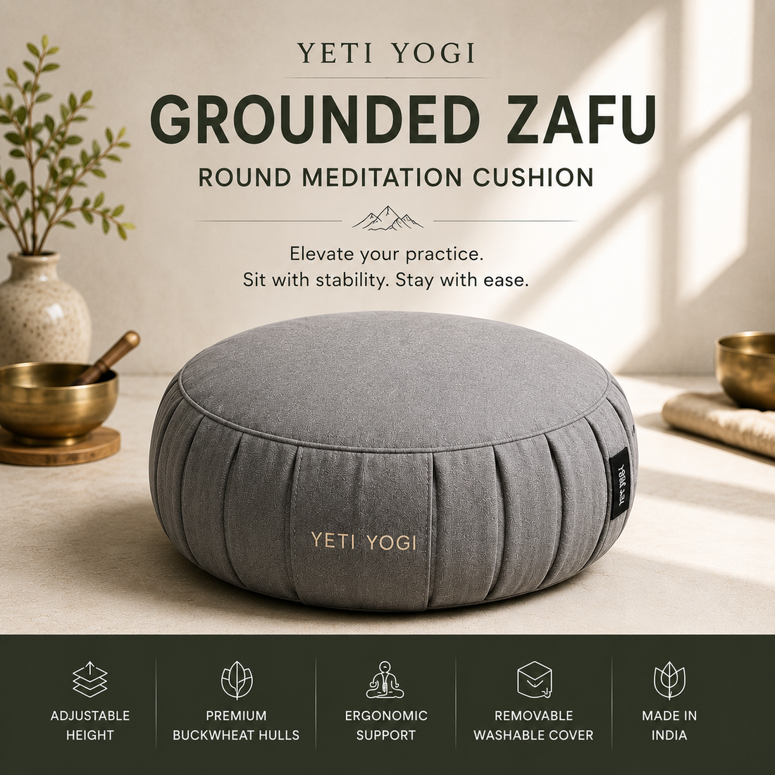 Round – Stone Grey | YETI YOGI Zafu meditation cushion hero