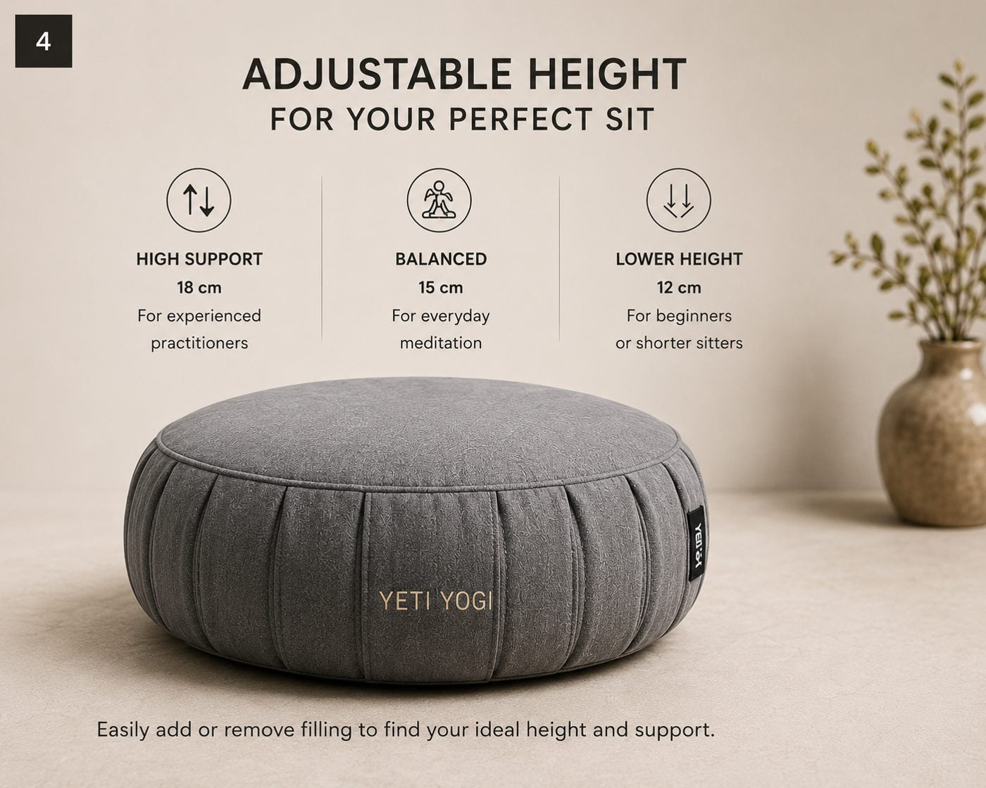 Round – Stone Grey | YETI YOGI Zafu adjustable height guide