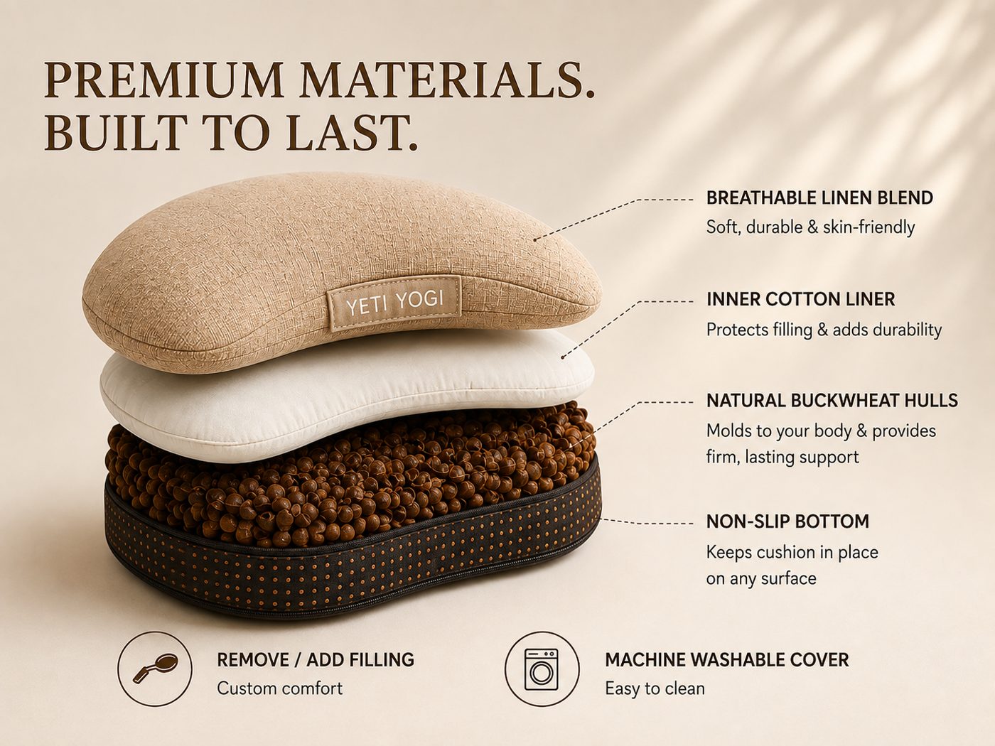 Crescent – Sand Beige | YETI YOGI Zafu infographic 3